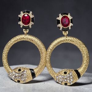 18k Matte Gold Plated Crystal Snake Hoop Dangle Earrings